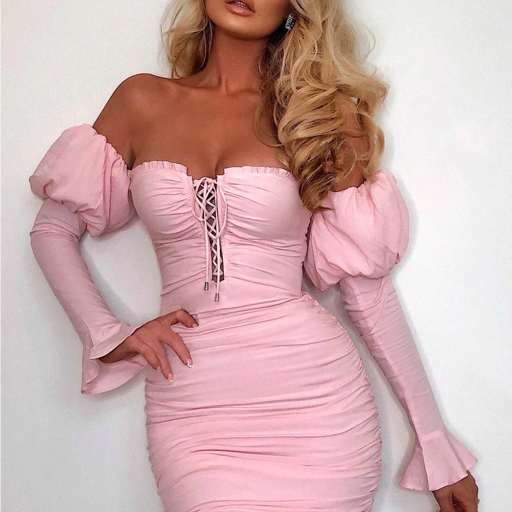 Off-Shoulder Pink Dress Oh Polly. Neverland Bardot Puff Sleeve Dress in Blue